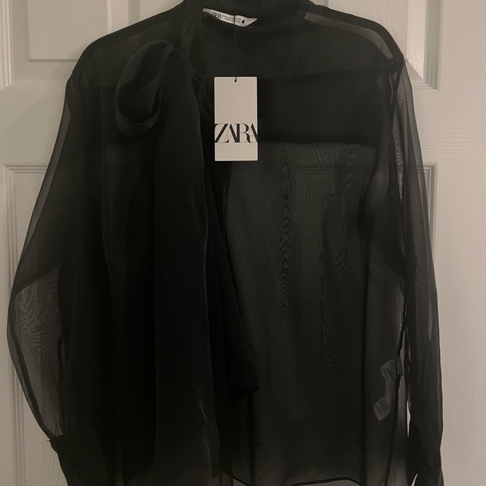 ZARA WOMAN NWT FW22 BLACK ORGANZA BLOUSE WITH TIE SIZE XL 9110/980